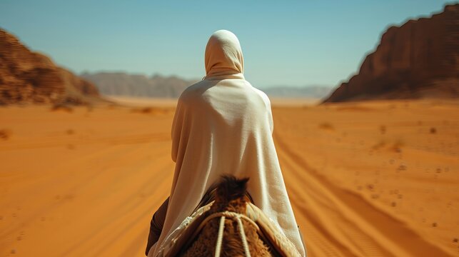 A serene scene of a hooded male figure riding a camel through a vast desert landscape, with stunning rock formations in the background.