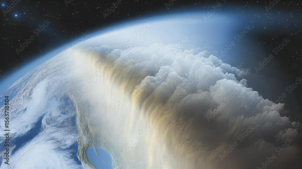 Poster earth from space with volumetric clouds illuminated by light. dramatic atmosphere with a clear view 