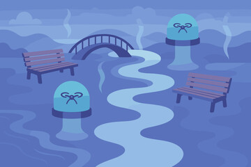 Fototapeta premium A dreamy, surreal landscape featuring floating benches, mysterious glowing domes, and a misty river, with a bridge arching in the distance under a soft blue sky.