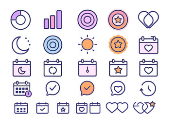A set of vector icons for event scheduling and management, featuring symbols for calendars, progress, stars, hearts, and checkmarks in soft gradient colors.
