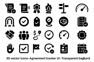 Dark UI icon set for agreement tracking with checkmarks, badges, and navigation