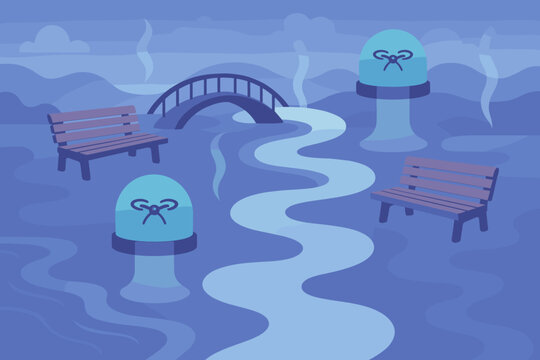 A dreamy, surreal landscape featuring floating benches, mysterious glowing domes, and a misty river, with a bridge arching in the distance under a soft blue sky.