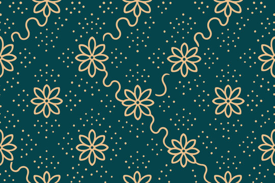 Seamless floral pattern with tan outlines and dotted accents on dark green