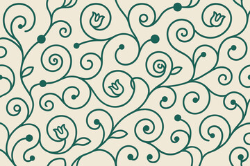 Seamless floral swirl pattern with tulip motifs and curved vines
