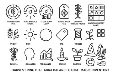 Outlined icon set with farming, magic, and growth themes on dark background