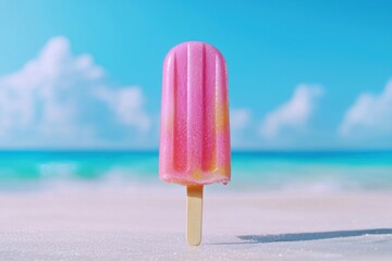 Bright Pink Popsicle in Tropical Beach Setting with Clear Sky and Soft Clouds, Perfect for Summer Themes and Refreshing Treat Concepts