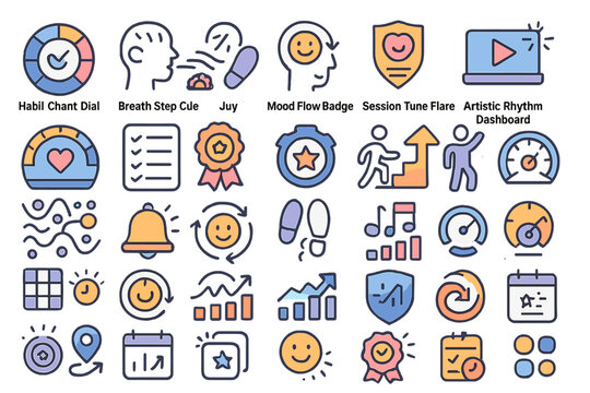Colorful wellness and productivity icon set with mood, steps, charts, and reminders