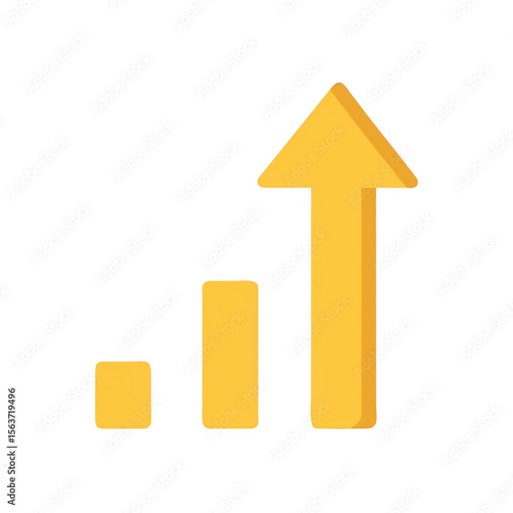 Poster yellow bar chart with upward arrow indicating growth and progress isolated on transparent background
