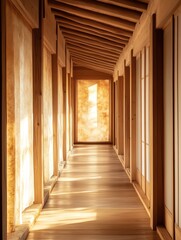 Serene wooden corridor bathed in soft light.