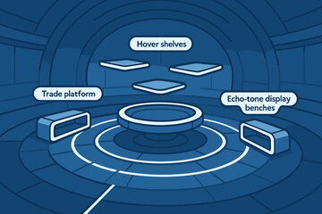 Futuristic blue-toned platform with labeled hover shelves and benches