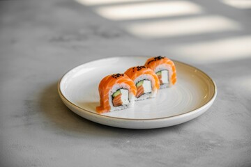 A photograph of a minimalist, white ceramic plate holding three precisely arranged sushi rolls