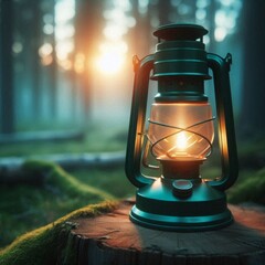 Green propane camping lantern glowing warmly outdoors at dusk