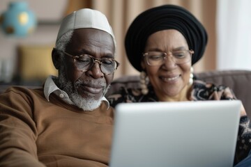 Portrait of a tender multicultural couple in their 80s ordering online looking in laptop