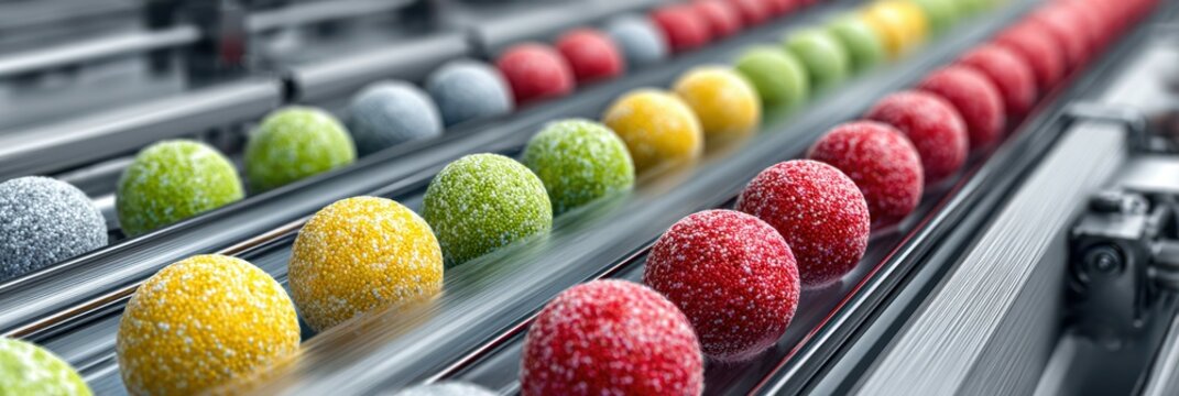 Colorful candy production process showing various flavors on a conveyor belt in a manufacturing facility