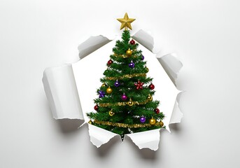 Decorated christmas tree peeking through a torn paper