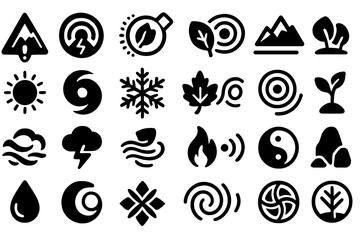 Set of dark minimal icons representing nature, elements, and energy