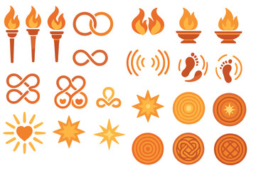 Warm ceremonial icon set with torches, flames, symbols, and radiating motifs