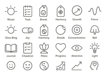 A collection of line-style icons related to personal growth, mindfulness, and productivity, featuring symbols like a sun, checklist, focus, progress graph, light bulb, and harmony.