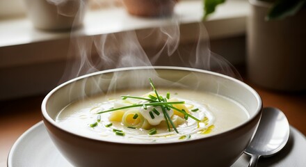 Steaming bowl of creamy leek and potato soup garnished with chives