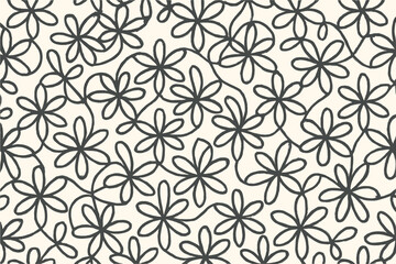 A whimsical, hand-drawn floral pattern with interconnected flower shapes, featuring black outlines on a light, neutral background. Ideal for adding a playful yet elegant touch to design projects.