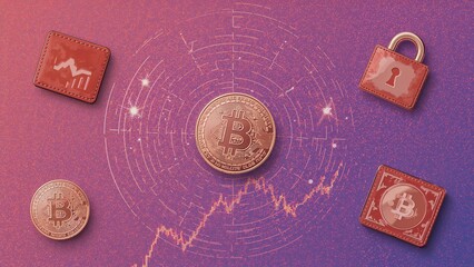 Abstract Composition Depicting the Integration of Cryptocurrency with Traditional Financial Concepts, Featuring Bitcoin Coins, Market Charts, and Security Icons on a Gradient Background.