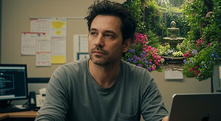 Pensive man gazes thoughtfully, a vibrant garden scene superimposed, hinting at dreams or memories.