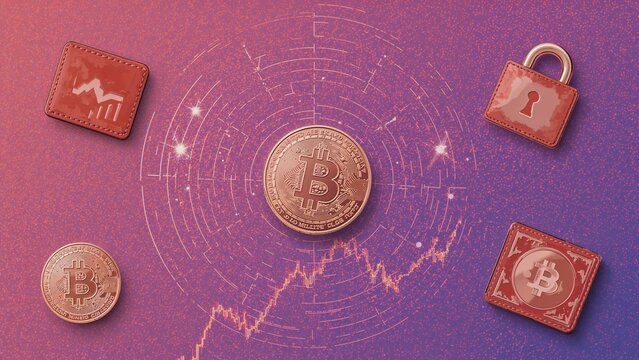 Abstract Composition Depicting the Integration of Cryptocurrency with Traditional Financial Concepts, Featuring Bitcoin Coins, Market Charts, and Security Icons on a Gradient Background. - Powered by Adobe