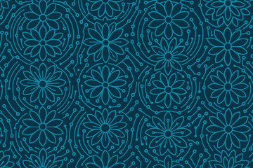 Fototapeta premium Seamless pattern of floral shapes with circular tech circuit elements