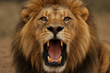 Naklejka premium A close up of a lion's face with its mouth open