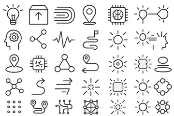 Modern tech icon set with line art symbols for ideas, data, and systems