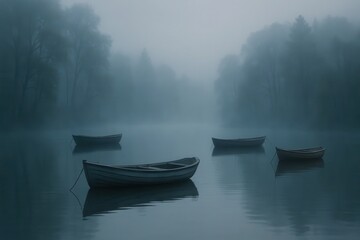 A group of small boats floating on top of a lake