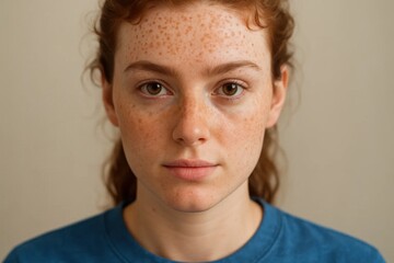 Fototapeta premium A young woman with freckles on her face looking at the camera