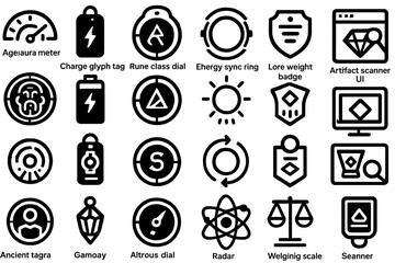 Futuristic fantasy icons featuring meters, glyphs, scanners, and badges