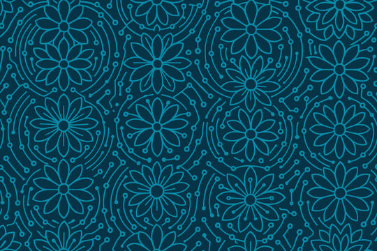 Seamless pattern of floral shapes with circular tech circuit elements
