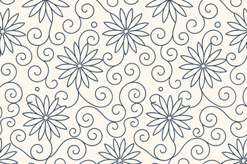 Seamless floral swirl pattern with daisy-like flowers on cream