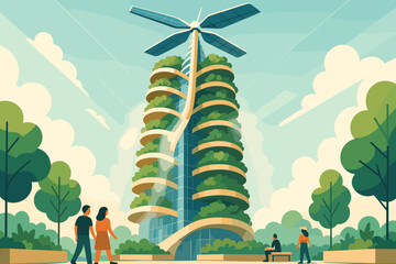Illustration of a futuristic eco-friendly building with green terraces and a wind turbine.