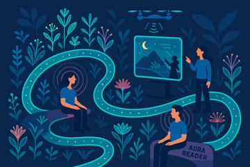 Illustration of a futuristic aura reading experience with drones and digital screens in a lush garden.