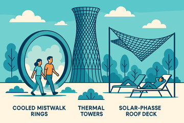 Futuristic wellness park with mist rings, thermal tower, and solar deck