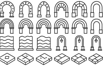 Set of geometric and mystical architectural elements, including arches, stones, and lanterns.