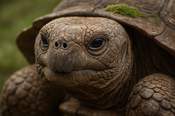  A close up of a tortoise's face with moss on it's shell