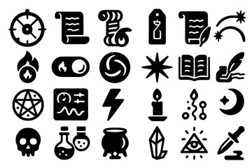 Set of mystical and occult icons with magical and alchemical symbols.