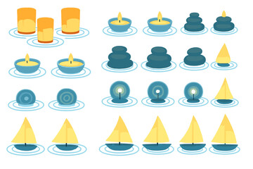 Peaceful floating icons of candles, stones, and glowing sailboats on water