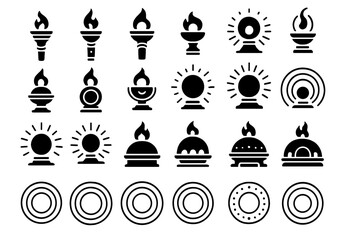 Dark torch and flame icons with circular bases and radiant symbols