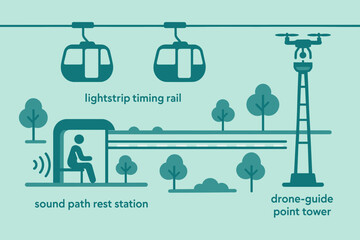 Smart city system with ropeway pods, drone tower, and rest station