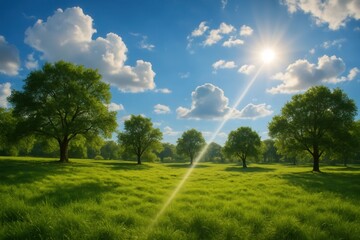 A grassy field with trees and a bright sun in the sky