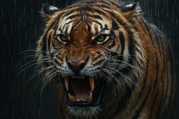  A close up of a tiger's face in the rain