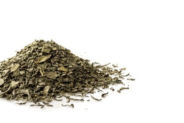 Premium Quality Picture of Heap of Chinese Green Tea Isolated on White Background