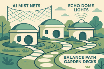 Illustration of smart eco domes with AI mist nets and garden decks