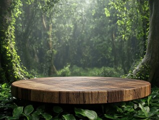high resolution of Wooden pedestal in green forest 3d illustration scenery empty product podium in natural environment green trees around mystical mood high detail 8k