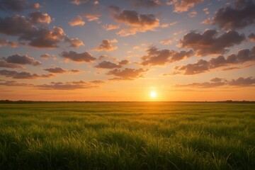 A field of green grass under a cloudy sky at sunset